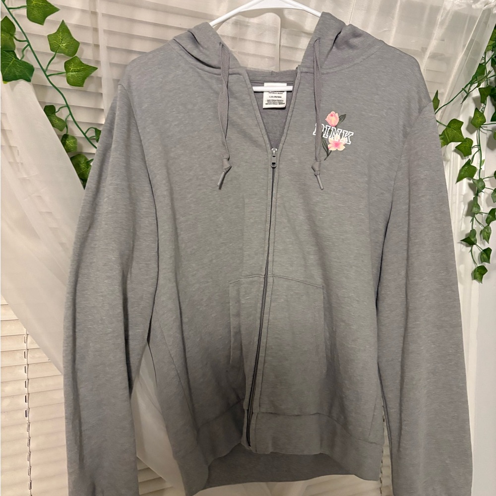 PINK Gray Zip-Up Hoodie with Floral Detail